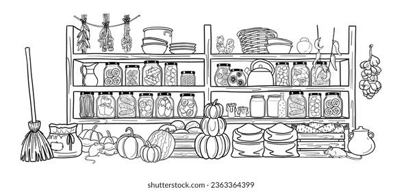 Pantry, cellar with food preserves on shelves on white background. Vector interior of storeroom with vegetables and fruit, bags, glass jars on shelves in the cellar. linear style. Coloring.  