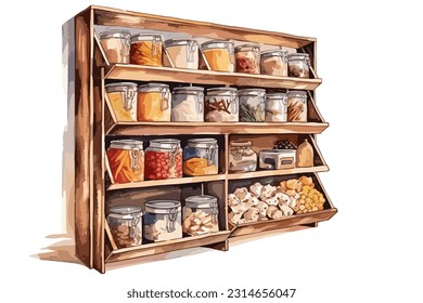 Pantry or food storage unit watercolor white background.