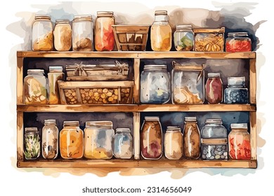 Pantry or food storage unit watercolor white background.