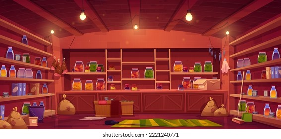 Pantry in house cellar, storage room with food preserves in glass jars and bottles on shelves, crates with vegetables, sacks, broom and bucket. Basement larder interior, vector cartoon illustration