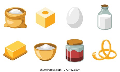 Pantry ingredient icons vector set with butter cubes, mixing bowl, egg, glass bottle, jam jar, pretzel, wooden bowl, bakery illustration