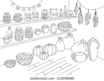 Pantry interior storage black white graphic sketch illustration vector