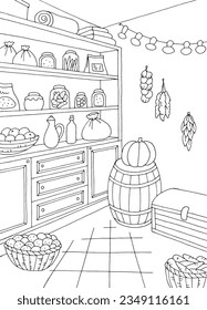 Pantry interior storage black white graphic vertical sketch illustration vector 