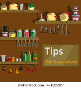 pantry, laundry room, attic, which stores a variety of dried food and utensils. The poster for the article housewife tips. Vector Illustration