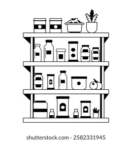 Pantry shelf filled with food items, a glyph style illustration