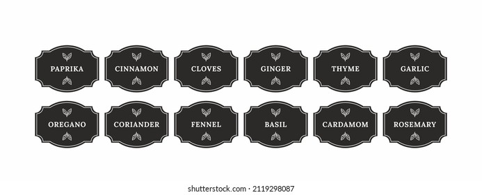 Pantry spice jar seasoning label sticker organizer set. black vintage stickers for spices in the kitchen. basil, rosemary, cinnamon