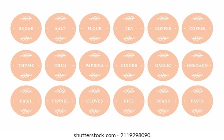 Pantry spice jar seasoning label sticker organizer set. Spices and herbs jar labels and stickers. kitchen storage organization. basil, pepper, ginger, sugar, salt, coffee