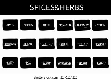 Pantry spice jar seasoning label sticker organizer set. Spices and herbs jar labels and stickers. kitchen storage organization. Vector illustration