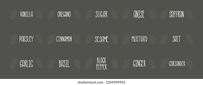 Pantry spice jar seasoning label sticker organizer set. A set of 15 handwritten transparent labels for marking jars and containers with spices.