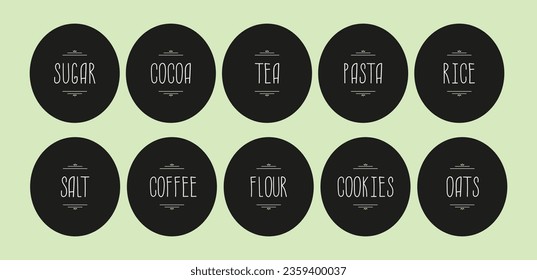 Pantry spice jar seasoning label sticker organizer set. A set of 10 handwritten labels for marking jars and containers with spices.