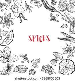 Pantry spice jar seasoning label sticker organizer set. Cardboard food labels or stickers for kitchen food containers with spices. Labels, stickers, craft decals, floral frame and spice name