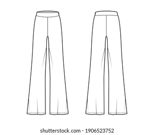 Pants boot cut technical fashion illustration with floor length, oversize silhouette, side zipper. Flat sport pyjama bottom template front, back, white color style. Women, men, unisex CAD mockup