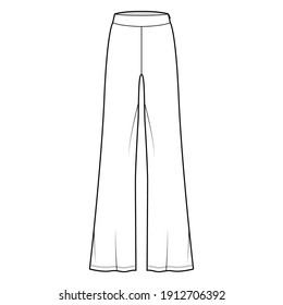 Pants boot cut technical fashion illustration with floor length, oversize silhouette, side zipper. Flat sport pyjama bottom template front, white color style. Women, men, unisex CAD mockup