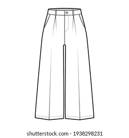 Pants capri technical fashion illustration with low waist, rise, single pleat, mid-calf length, wide legs, seam pockets. Flat trousers apparel template, white, color. Women,  CAD mockup