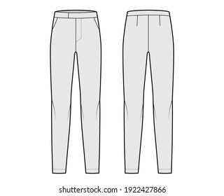 Pants cigarette technical fashion illustration with extended low waist, rise, full length, slant slashed pockets. Flat bottom apparel template front, back, grey color. Women men unisex CAD mockup