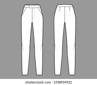 Pants cigarette technical fashion illustration with extended normal low waist, high rise, full length, slant slashed pockets. Flat trousers template front, back, white color. Women men CAD mockup