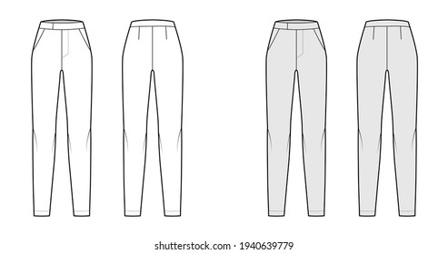 Pants cigarette technical fashion illustration with extended normal low waist, high rise, full length, slant slashed pockets. Flat trousers apparel front, back, white grey color. Women men CAD mockup