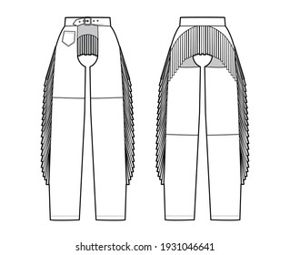 Pants cowboy chaps technical fashion illustration with normal belt waist, high rise, fringes, full length. Flat bottom trousers apparel template front, back, white color. Women, men, unisex CAD mockup