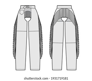 Pants cowboy chaps technical fashion illustration with normal belt waist, high rise, fringes, full length. Flat bottom trousers apparel template front, back, grey color. Women, men, unisex CAD mockup