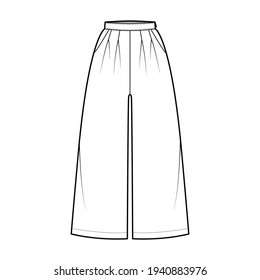 Pants culotte palazzo technical fashion illustration with normal waist, high rise, double pleats, calf length, pockets, wide legs. Flat trousers template front white color. Women men unisex CAD mockup