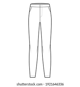 Dibujo de moda técnico frontal plano con cintura baja, ascenso, longitud completa, bolsillos inclinados. Pantalones planos casuales abajo de la plantilla de prendas de vestir color blanco. Hombres mujeres unisex maquillaje CAD