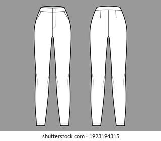 Pants flat front technical fashion illustration with normal waist, high rise, full length, slant slashed pockets. Flat bottom trousers apparel template back, white color. Women men unisex CAD mockup