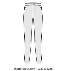 Pants flat front technical fashion illustration with low waist, rise, full length, slant slashed pockets. Flat casual bottom trousers apparel template grey color. Women men unisex CAD mockup