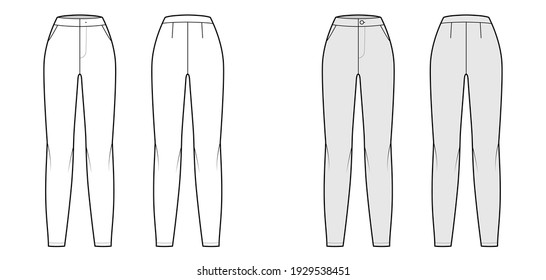 Dibujo de moda técnico frontal plano con cintura normal, alto aumento, largo, bolsillos recortados. La plantilla de la ropa de pantalón inferior plana hacia atrás, color gris blanco. 
