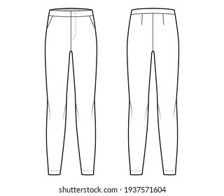 Pants flat front technical fashion illustration with low waist, rise, full length, slant slashed pockets. Flat casual bottom trousers apparel template back, white color. Women men unisex CAD mockup