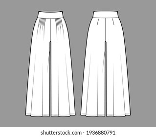 Pants gaucho technical fashion illustration with low waist, rise, pleated, ankle cropped length, seam pockets. Flat trousers bottom apparel template back, white color. Women, men, unisex CAD mockup