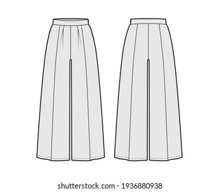 Pants gaucho technical fashion illustration with low waist, rise, single pleat, ankle cropped length, seam pockets. Flat trousers apparel template back, grey color. Women, men, unisex CAD mockup