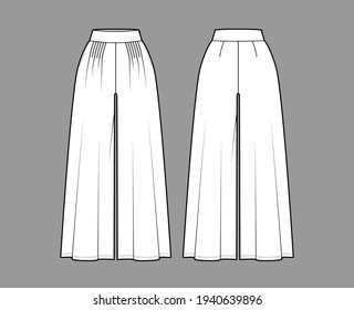 Pants gaucho technical fashion illustration with normal waist, high rise, pleats, ankle cropped length, seam pockets. Flat trousers apparel template back, white color. Women, men, unisex CAD mockup