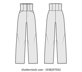 Pants high-waisted technical fashion illustration with full length, pockets, bottom closure, round pockets. Flat trousers bottom apparel template front, back, grey color. Women, CAD mockup