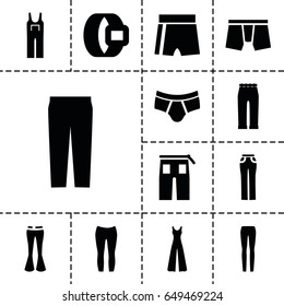 Pants icon. set of 13 filled pantsicons such as man underwear, pants, woman pants, jumpsuit, sport shorts