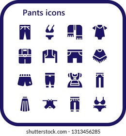 pants icon set. 16 filled pants icons.  Collection Of - Trousers, Bikini, Scarf, Baby clothes, Clothes, Bolero, Shorts, Poncho, Pants, Dirndl, Jeans, Skirt, Sweatpants