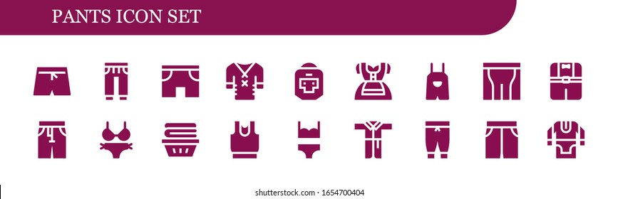pants icon set. 18 filled pants icons.  Simple modern icons such as: Swim shorts, Sweatpants, Shorts, Clothes, Boxer, Dirndl, Overall, Pants, Bikini, Bathrobe, Short, Tunic