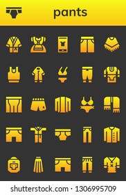 pants icon set. 26 filled pants icons.  Collection Of - Bathrobe, Underwear, Dirndl, Fashion, Short, Poncho, Clothes, Pijama, Bikini, Pants, Tunic, Shorts, Cardigan, Scarf, Jeans