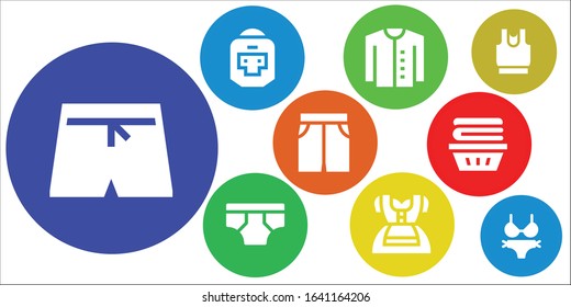 pants icon set. 9 filled pants icons.  Simple modern icons such as: Swim shorts, Boxer, Cardigan, Underwear, Dirndl, Short, Clothes, Bikini