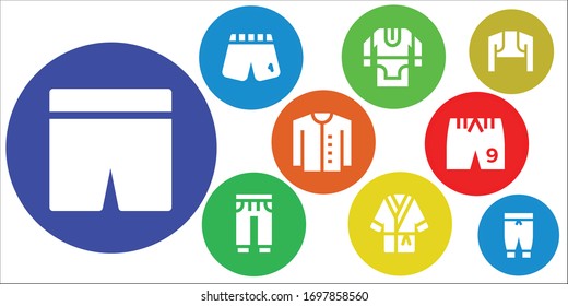 conjunto de iconos de pantalones. 9 iconos rellenos de pantalones.  Iconos modernos sencillos, como: Pantalones cortos, tinticos, pantalones de suero, albornoz, cardigan, bolero, pantalones
