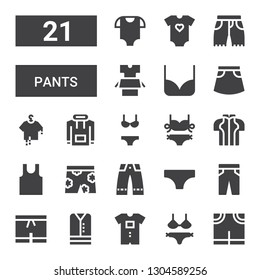 pants icon set. Collection of 21 filled pants icons included Pants, Bikini, Baby clothes, Clothes, Shorts, Trousers, Short, Sleeveless, Hoodie, Skirt