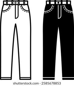 Pants Icons. Black and White Vector Designs. Outerwear Covering Legs. Jeans with Belt. Clothing Concept