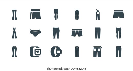 Pants icons. set of 18 editable filled pants icons: man underwear, jumpsuit, sport shorts