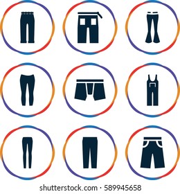 pants icons set. Set of 9 pants filled icons such as man underwear