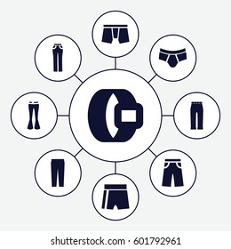 pants icons set. Set of 9 pants filled icons such as man underwear, sport shorts