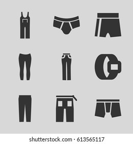 Pants icons set. set of 9 pants filled icons such as man underwear, jumpsuit, sport shorts