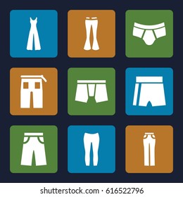 Pants icons set. set of 9 pants filled icons such as man underwear, jumpsuit