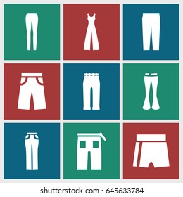 Pants icons set. set of 9 pants filled icons such as jumpsuit