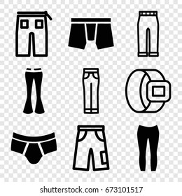 Pants icons set. set of 9 pants filled and outline icons such as man underwear