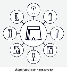Pants icons set. set of 9 pants outline icons such as jumpsuit