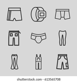 Pants icons set. set of 9 pants outline icons such as man underwear, jumpsuit, sport shorts